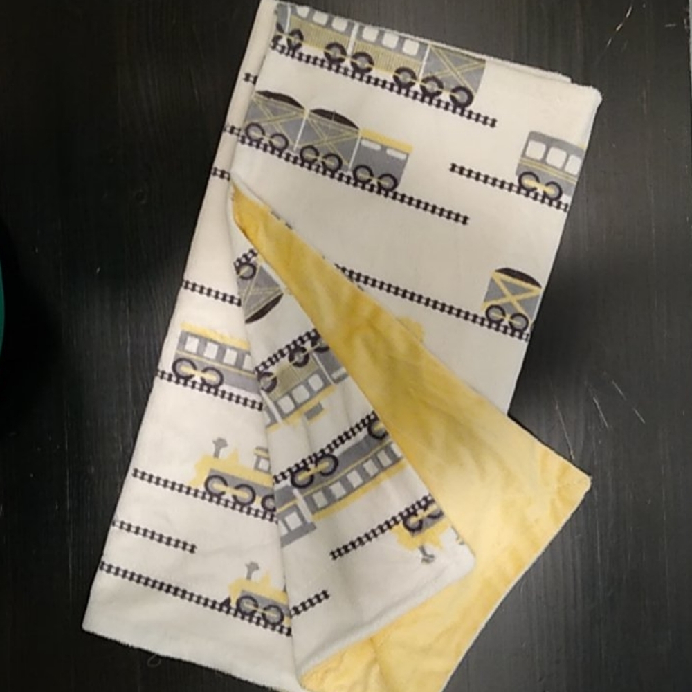 Train Print Velour Blanket in Yellow and Grey